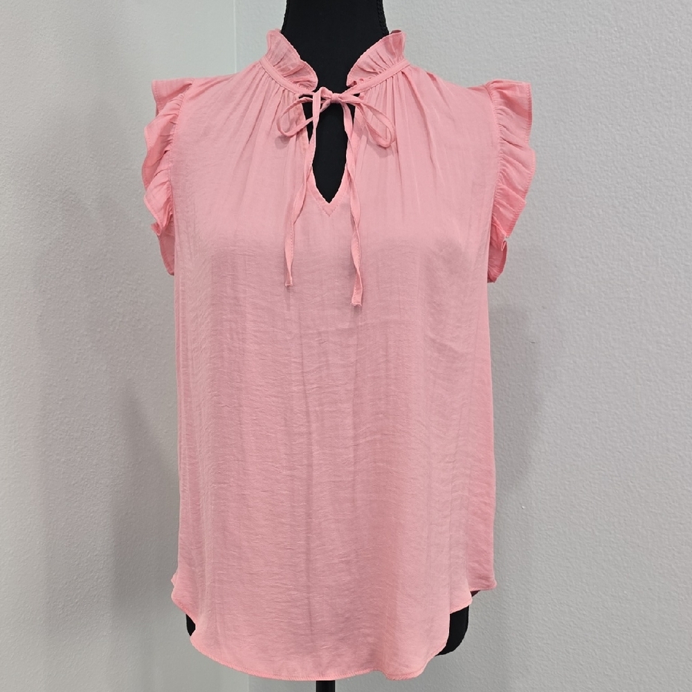 Cupcakes & Cashmere Pink Ruffle Tie Neck Blouse Flutter Sleeve XS